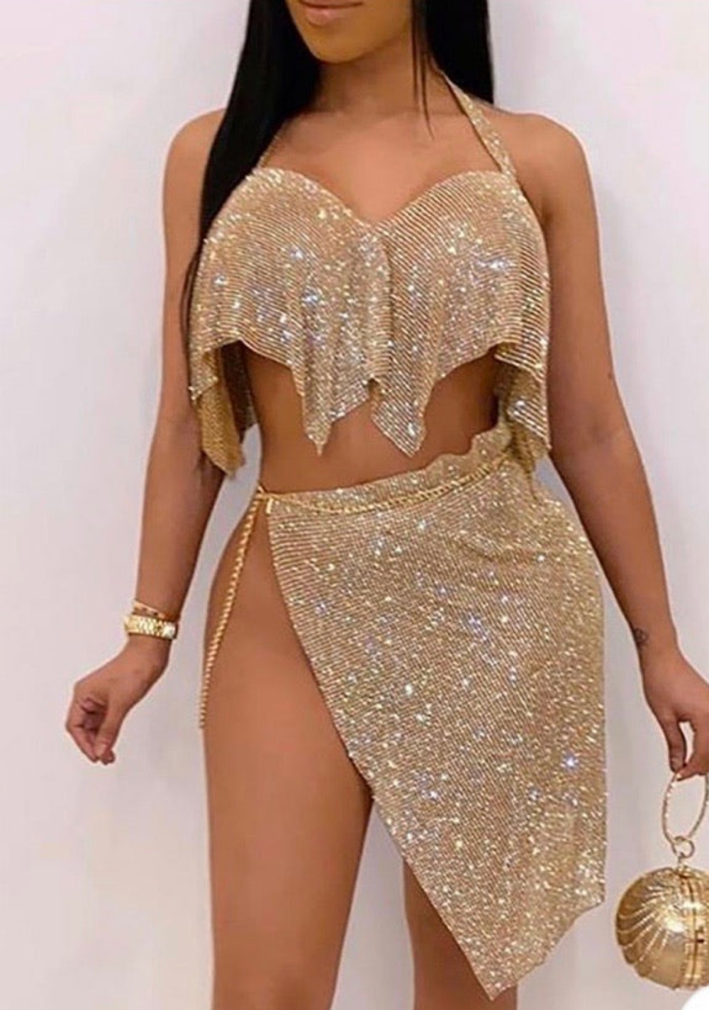 HALTER BACKLESS SEQUIN TOP & SLIT SKIRT SET