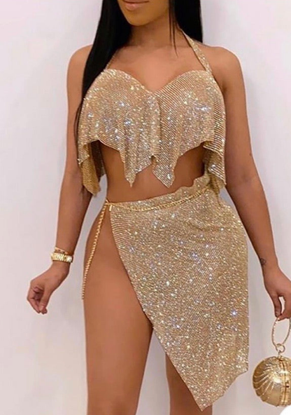 HALTER BACKLESS SEQUIN TOP & SLIT SKIRT SET
