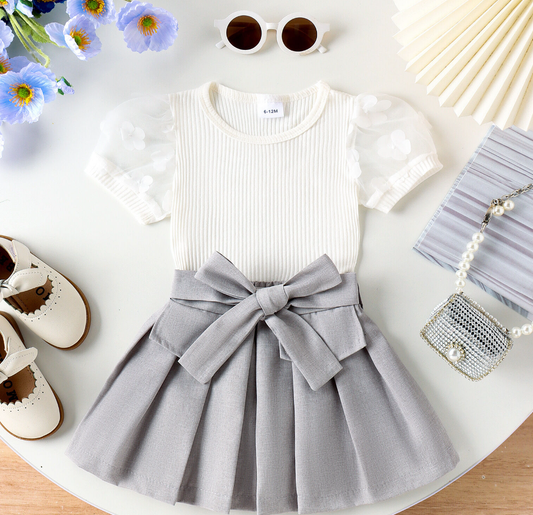 GIRLS MESH RIBBED TOP PLEATED SKIRT