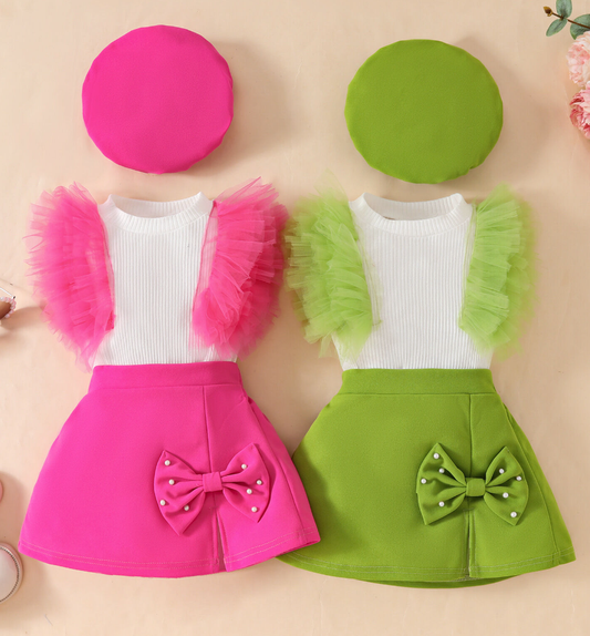 GIRLS MESH STRIPED TOP W/BOW SKIRT BERET 3PC SET