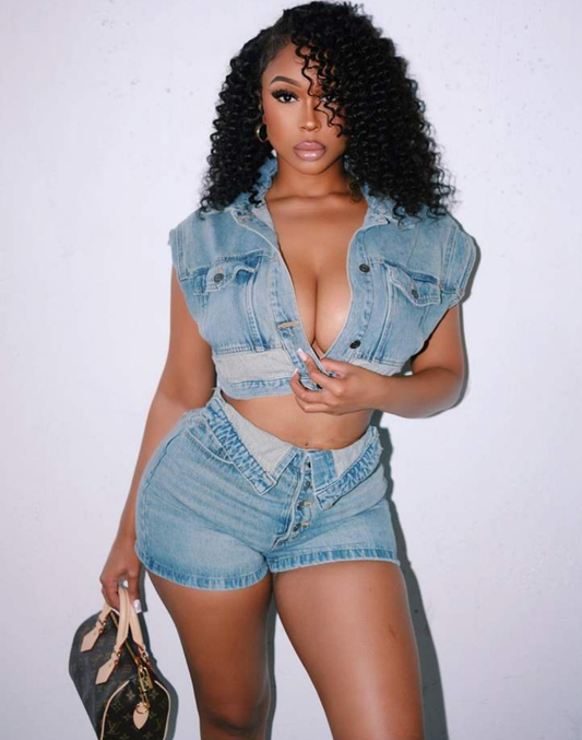 JOYE DENIM LAPEL CROPPED VEST SHORT SET