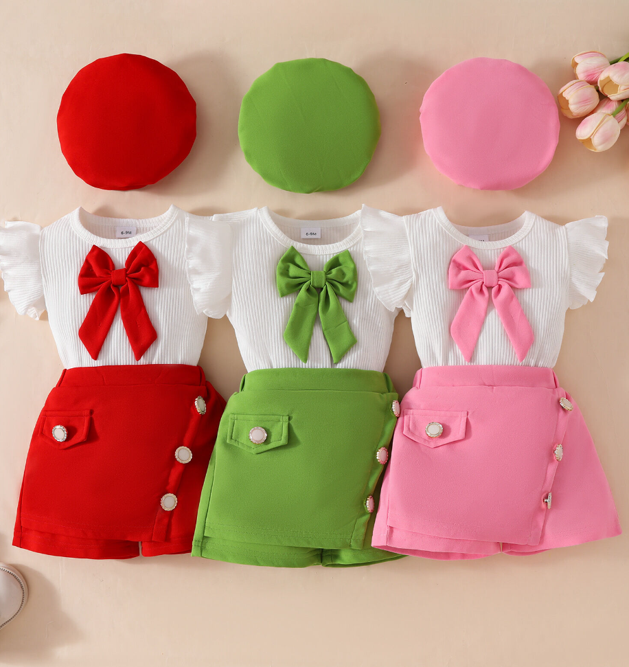 GIRLS SLEEVELESS BOW KNOT RIBBED TOP WITH SKIRT SET