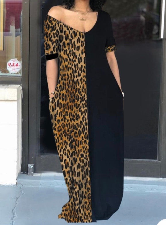 LEOPARD PRINT COLORBLOCK VNECK CASUAL DRESS