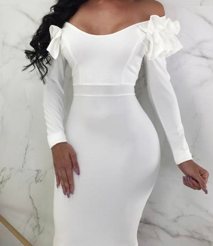 SOLID FRILL DESIGN OFF SHOULDER BODYCON DRESS