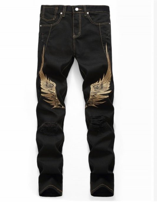 WING EMBROIDERED ZIP FLY CASUAL JEANS