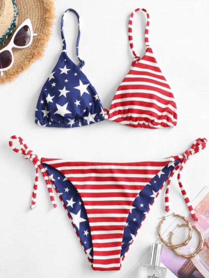 AMERICAN FLAG RIBBED STRING BIKINI SWIMWEAR