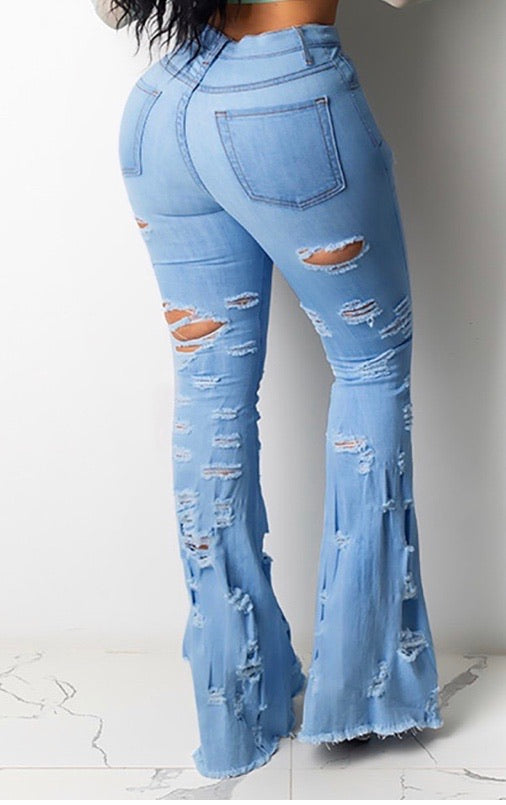 DENIM DISTRESSED CUT OUT BELL BOTTOM JEANS