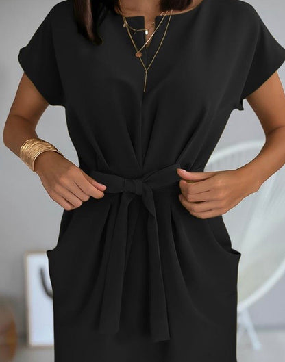 SHORT SLEEVE RUCHED POCKET DESIGN DRESS