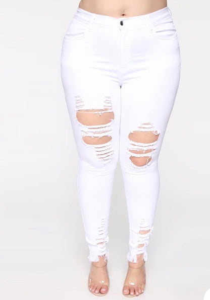 PLUS SIZE RIPPED FRINGE HEM JEANS