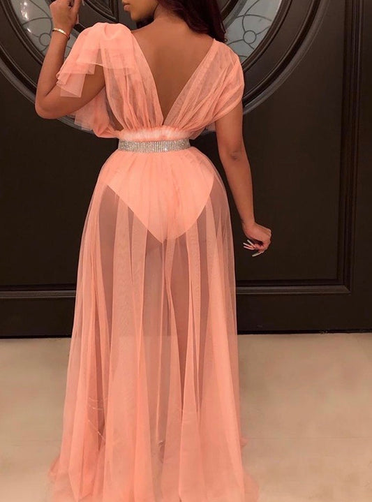 DEEP V-NECK SEE THROUGH MESH MAXI DRESS