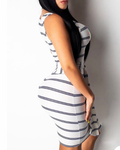 SLEEVELESS STRIPED LETTER PATTERN BODYCON DRESS