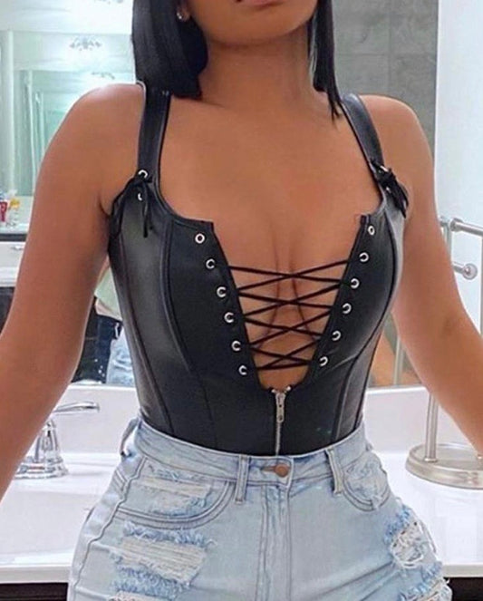 LACE UP LEATHER CORSET BODYSUIT