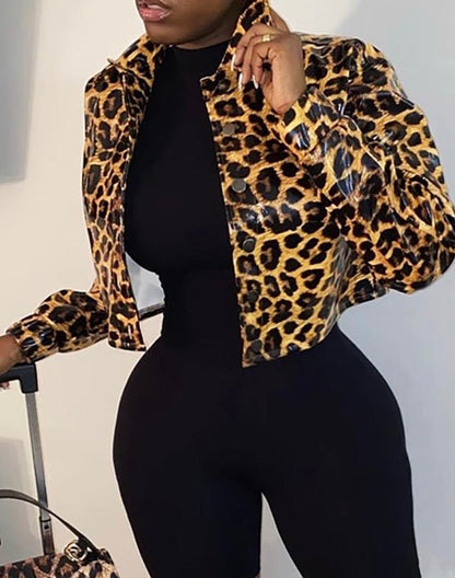 CHEETAH PRINT LONG SLEEVE PU JACKET