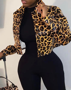 CHEETAH PRINT LONG SLEEVE PU JACKET