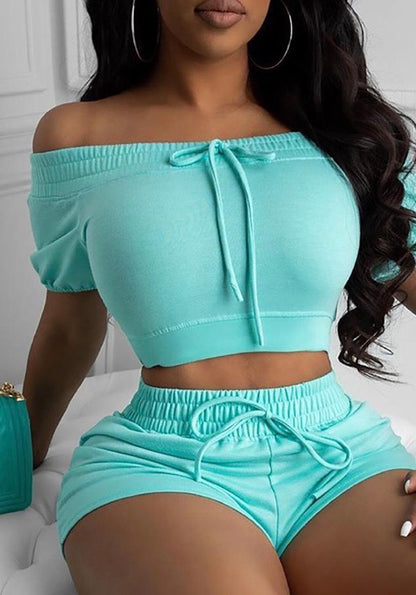 SOLID OFF SHOULDER DRAWSTRING TOP & SHORTS