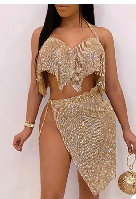 HALTER BACKLESS SEQUIN TOP & SLIT SKIRT SET