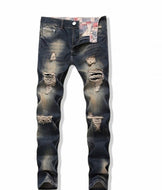 FADED WASH LONG RIPPED DENIM PANTS