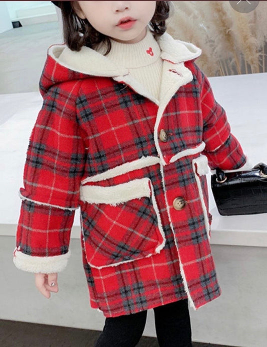 GIRL POCKET FRONT PLAID HOODED COAT