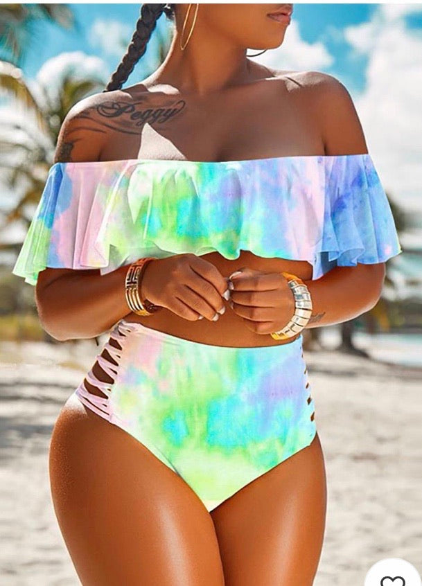 TIE DYE PRINT OFF SHOULDER RUFFLE TANKINI SET