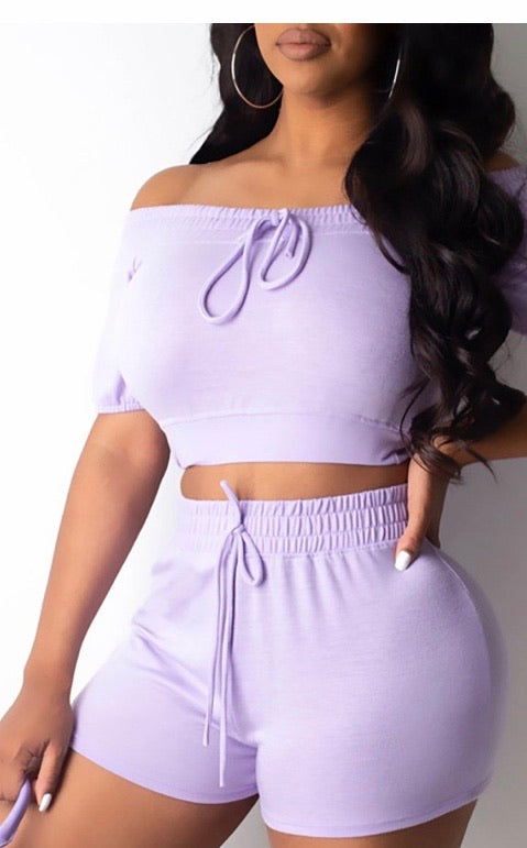 SOLID OFF SHOULDER DRAWSTRING TOP & SHORTS