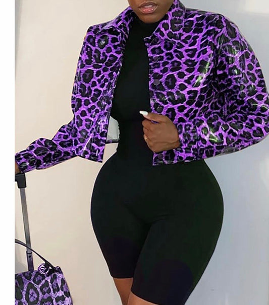 CHEETAH PRINT LONG SLEEVE PU JACKET