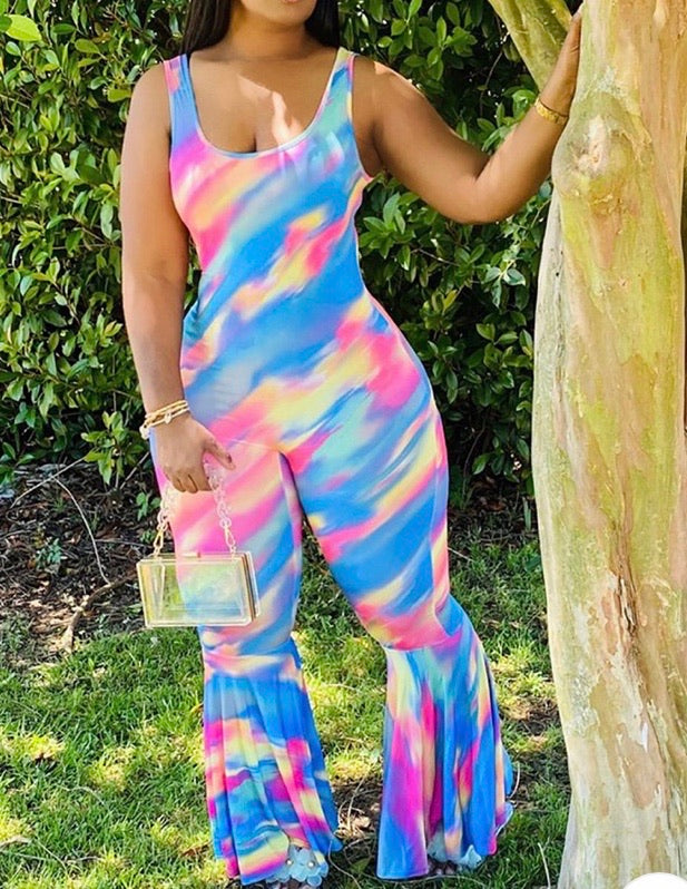 TIE DYE PRINT BELL BOTTOM CASUAL JUMPSUIT