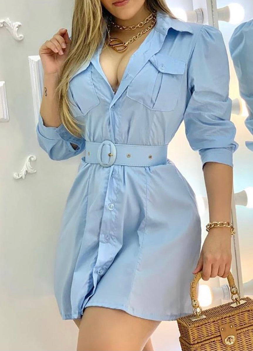 PLAIN PUFFED SLEEVE BUTTON DESIGN SHIRT DRESS