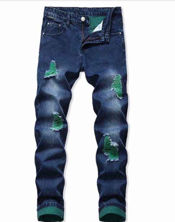 ZIP FLY RIPPED LONG DENIM PANTS