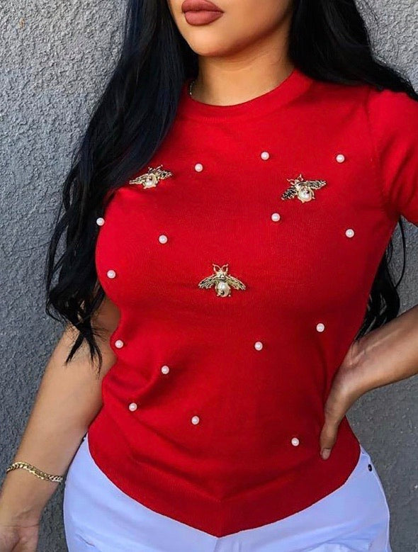 BEADED DETAIL SHORT SLEEVE CASUAL TSHIRT