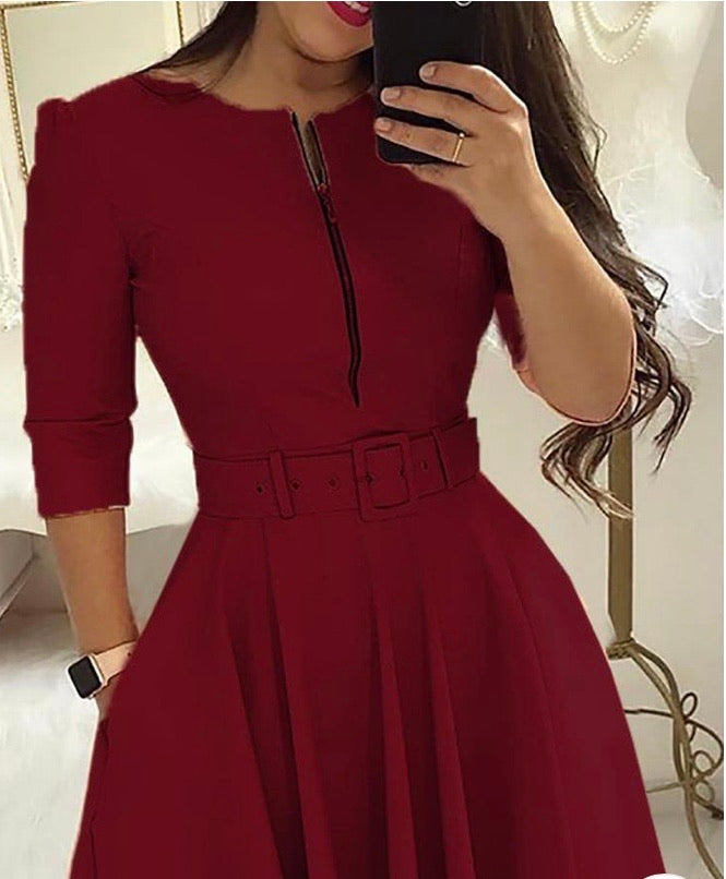 SOLID ZIPPER UP BELTED PLEATED CASUAL DRESS