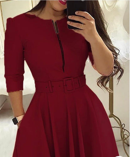 SOLID ZIPPER UP BELTED PLEATED CASUAL DRESS