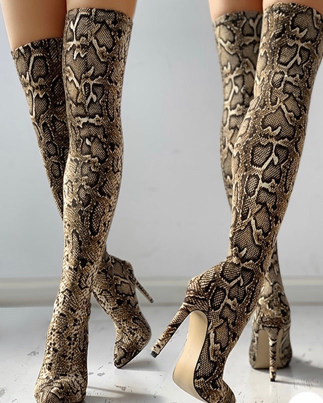 SNAKESKIN PRINT THIGH HIGH BOOTS