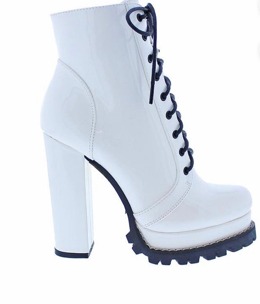 WHITE PATENT ANKLE BOOTS