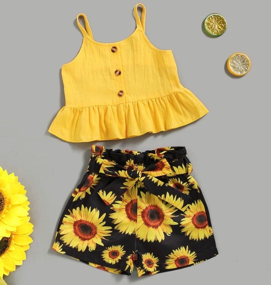 BABYGIRL RUFFLE HEM CAMI TOP & SUNFLOWER BELTED SHORTS