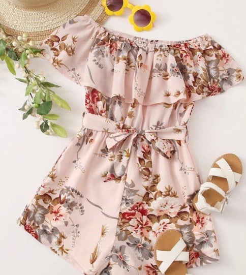 GIRLS FLOUNCE OFF SHOULDER FLORAL PRINT BELTED ROMPER