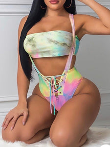 BANDEAU TIE DYE PRINT EYELET BIKINI SET