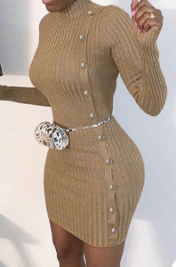 BUTTON DESIGN KNIT LONG SLEEVE DRESS