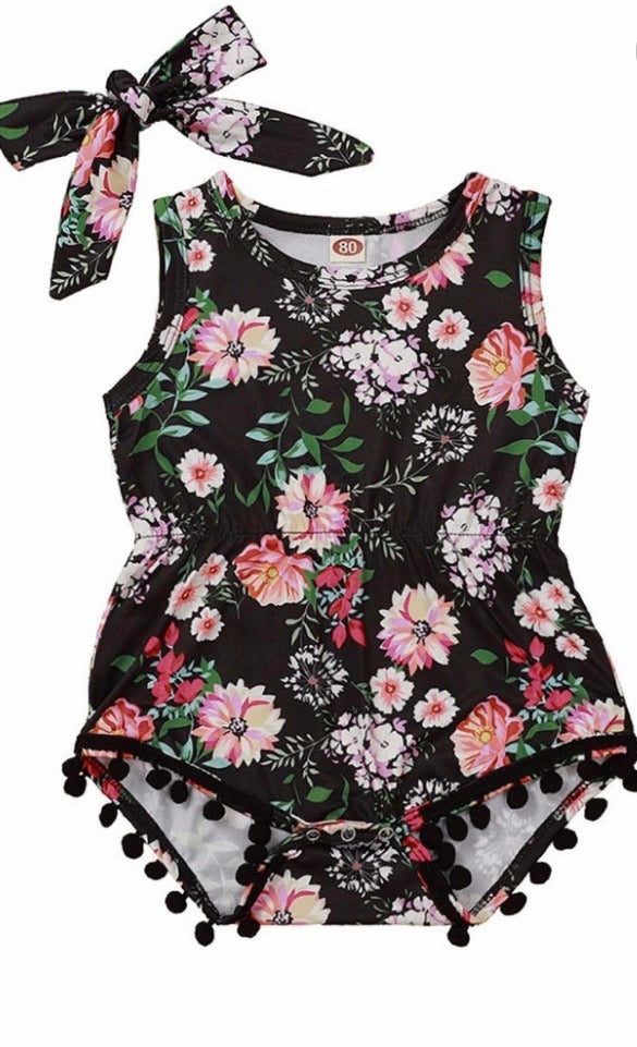 2 PIECE GIRL FLOWER PRINTED POM POM BODYSUIT W/ HEADBAND