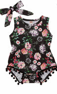 2 PIECE GIRL FLOWER PRINTED POM POM BODYSUIT W/ HEADBAND