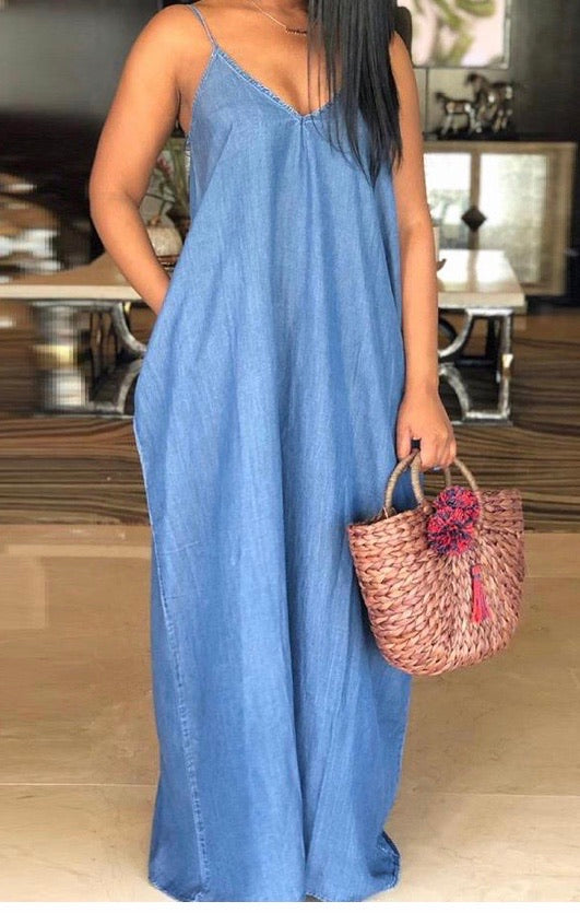 SOLID SPAGHETTI STRAP DENIM CASUAL DRESS