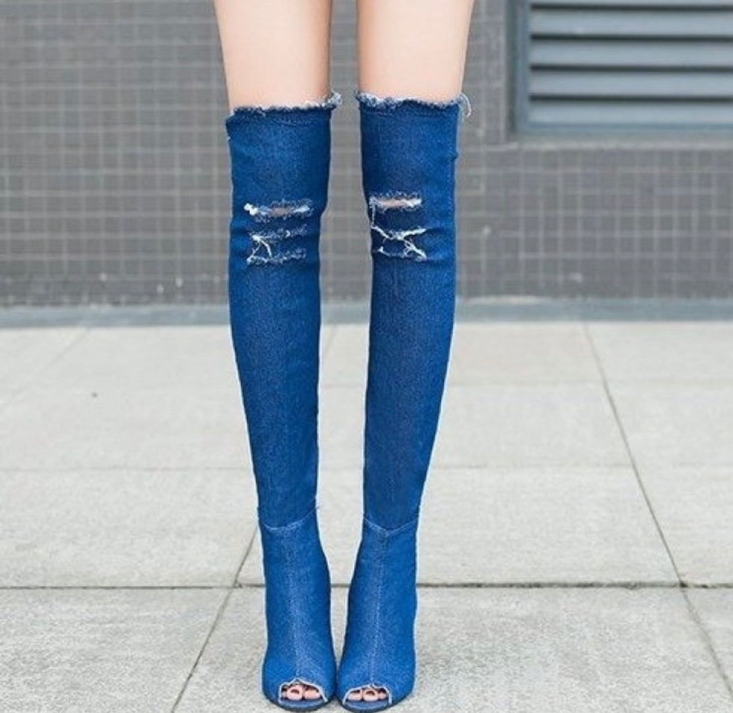 RIPPED DENIM KNEE HIGH BOOTS