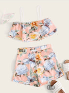 GIRL FLORAL PRINT LAYERED RUFFLE CAMI TOP& SHORT SET