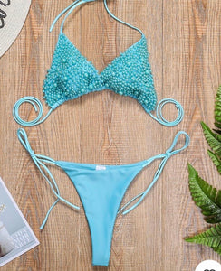 SPAGHETTI STRAP BEADED BIKINI SET