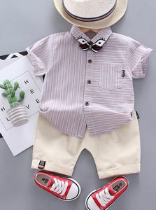 2 PIECE FASHION BOW STRIPES SHIRT & PANTS