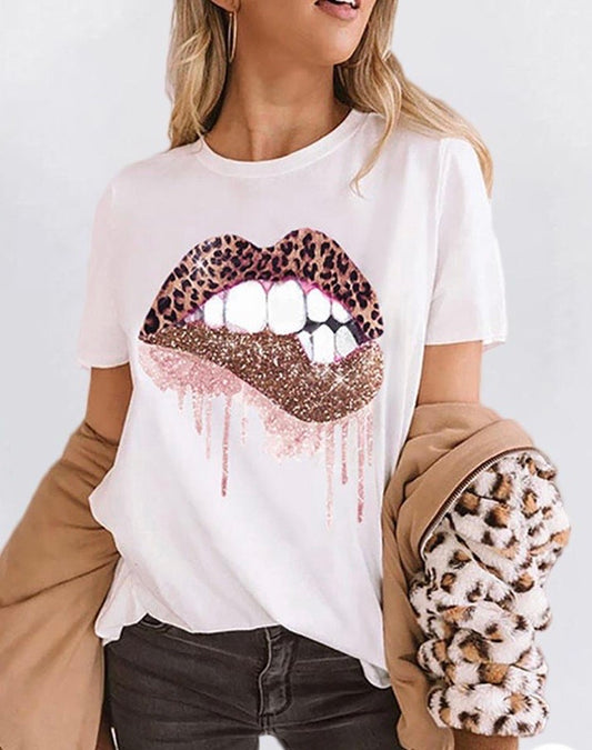 LEOPARD LIP PRINT STUDDED TSHIRT