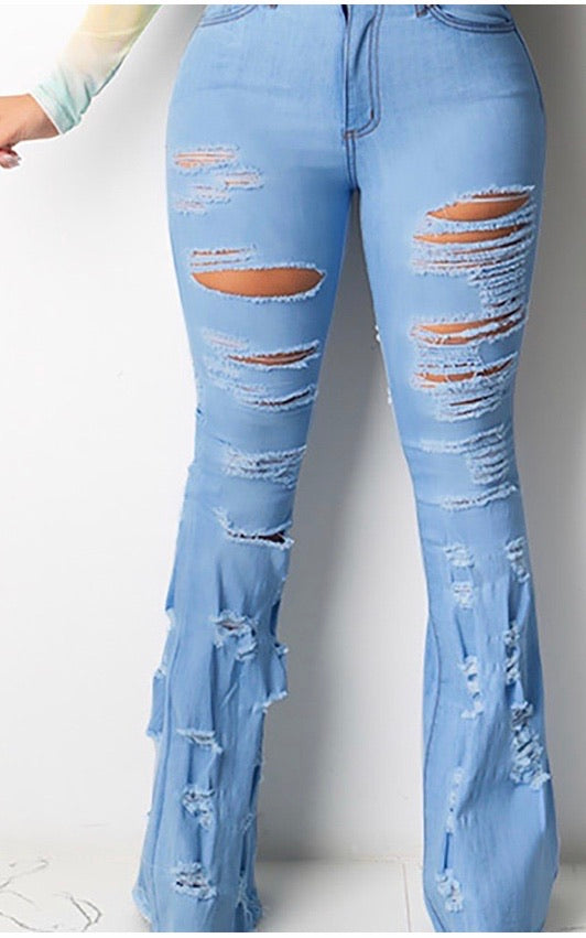 DENIM DISTRESSED CUT OUT BELL BOTTOM JEANS