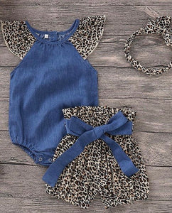 3 PIECE BLUE ROMPER LEOPARD PANTS AND HEADBAND SET