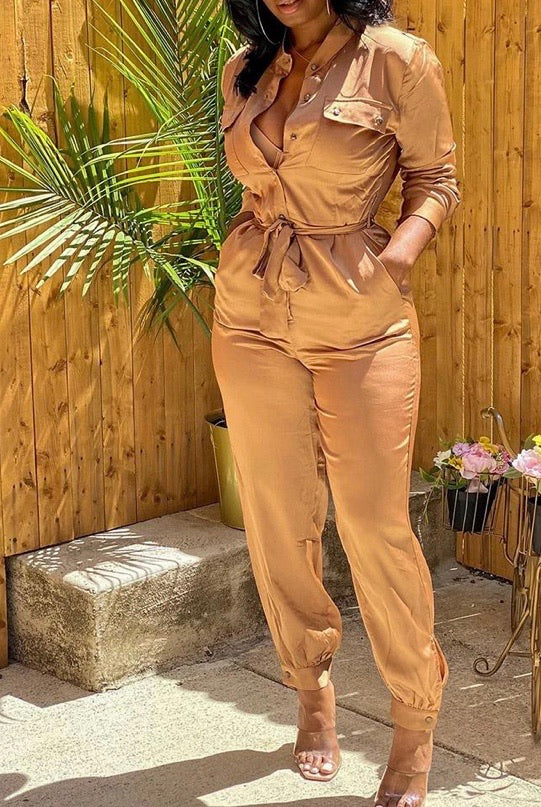 BUTTON DESIGN LONG SLEEVE JUMPSUIT