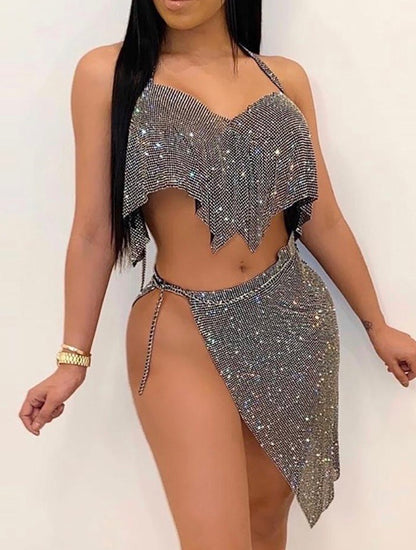 HALTER BACKLESS SEQUIN TOP & SLIT SKIRT SET