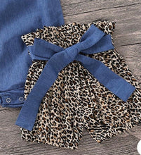 Load image into Gallery viewer, 3 PIECE BLUE ROMPER LEOPARD PANTS AND HEADBAND SET
